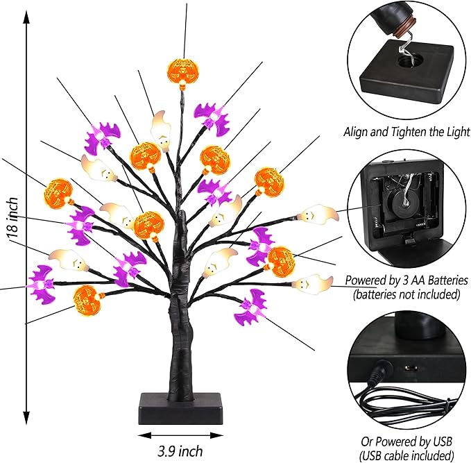 Mosoan 18 Inch Black Halloween Tree Light with 24 LED Pumpkin Bat Ghost Lights, Timer/USB/Battery Operated Halloween Lights, Indoor/Outdoor for Home, Table, Porch, Mantle, Party Decor