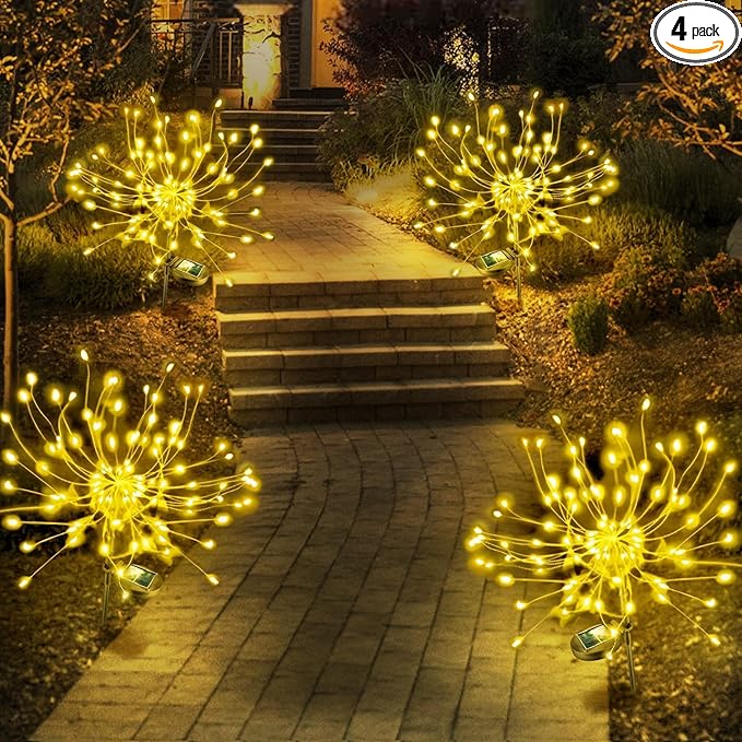 Anordsem Solar Garden Lights Outdoor: 4 Pack Bendable Copper Wire with 120 LED Firework Beads - Waterproof DIY Fairy Warm Decorating Yard Patio - Gardening Gifts for Parents Homeowner