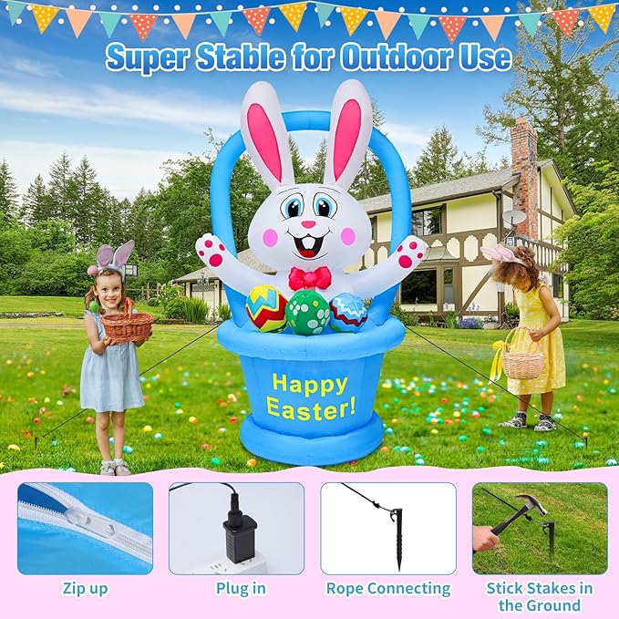 5 Ft Easter Inflatables Easter Decorations, Blow up Easter Decorations Outdoor with LED Lights Basket Light up Outdoor Easter Decor for Holiday Party Indoor Garden Lawn