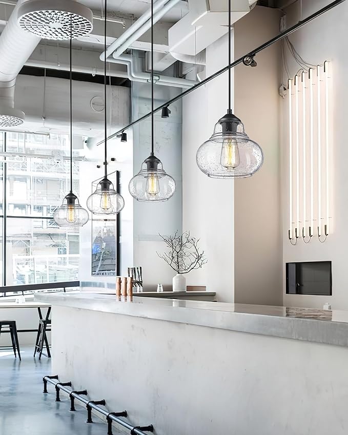 ELYONA 8 Inch Globe Pendant Light Bubble Glass Industrial Kitchen Island Hanging Pendant Light Fxiture Modern Hand Blown Seeded Glass for Farmhouse Dining Room Bar Bedroom Living Room Black
