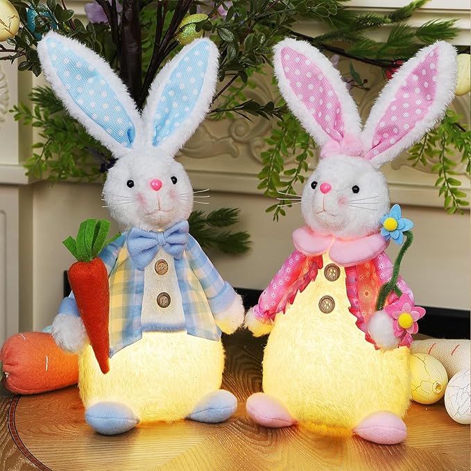 Juegoal 2 Pack Lighted Easter Bunny, 12.5" Handmade Huggable Rabbits Couple with Lights, Light Up Easter Basket Rabbits Easter Gift, Party Favor Figurine for Spring Tabletop Holiday Room, White