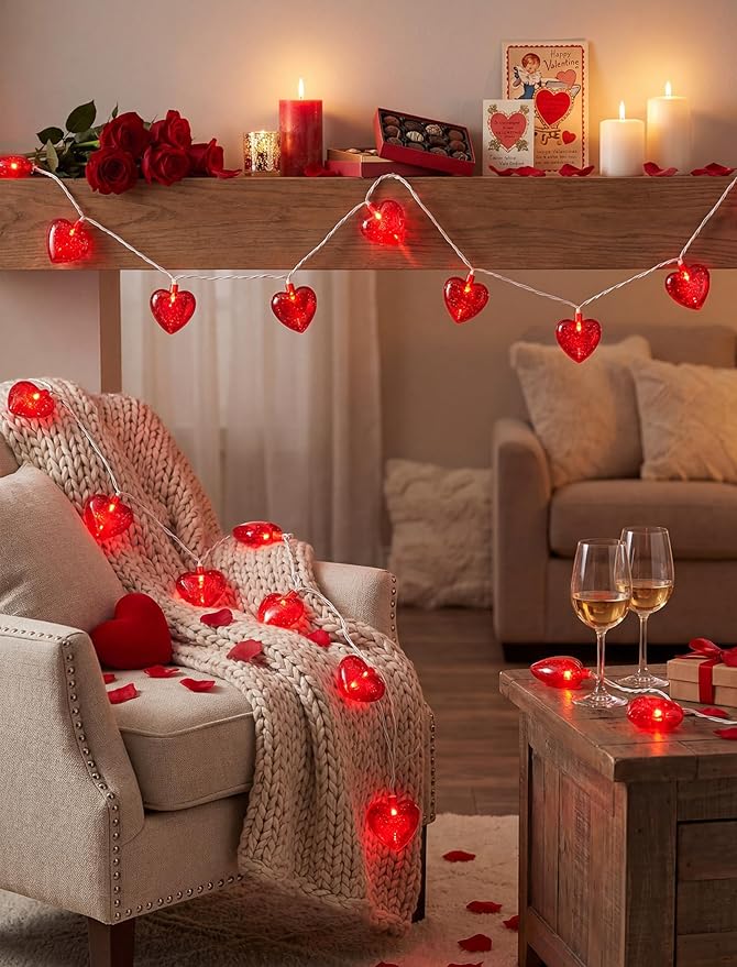 Valentines Red Heart String Lights Plug in, 8.5Ft Outdoor Valentine's Day Decorations Lights with 10 Red Glitter Heart Lights, Hanging Heart Fairy Lights for Indoor Window Wedding Birthday Party Decor