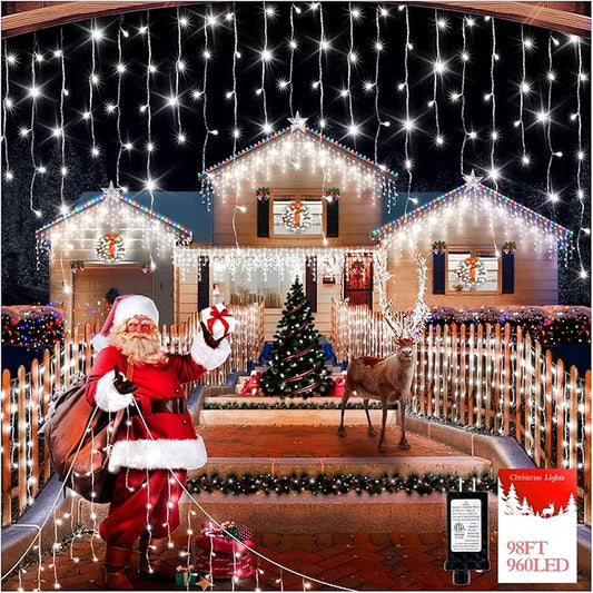 98FT 960 LED Christmas Lights, Waterproof 8 Modes Ice Lights for Outside with Memory and Timer Hanging Fairy Lights Plug-in Curtain String Lights for Holiday Party Wedding Home (Cool White)