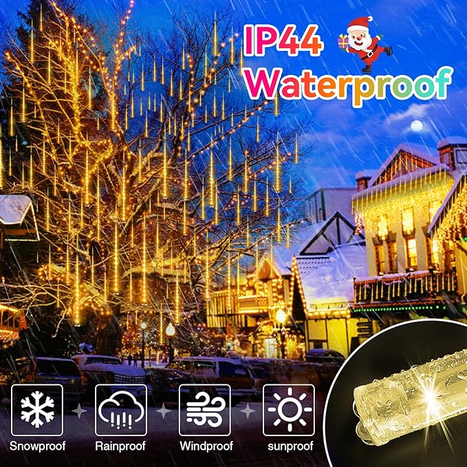 KNONEW 40 Tubes 1120 LED Meteor Shower Lights Christmas Lights Outdoor Plug in Waterproof Falling Rain Light for Xmas Tree Wedding Party Garden Holiday Rooftop Decorations (Warm White)