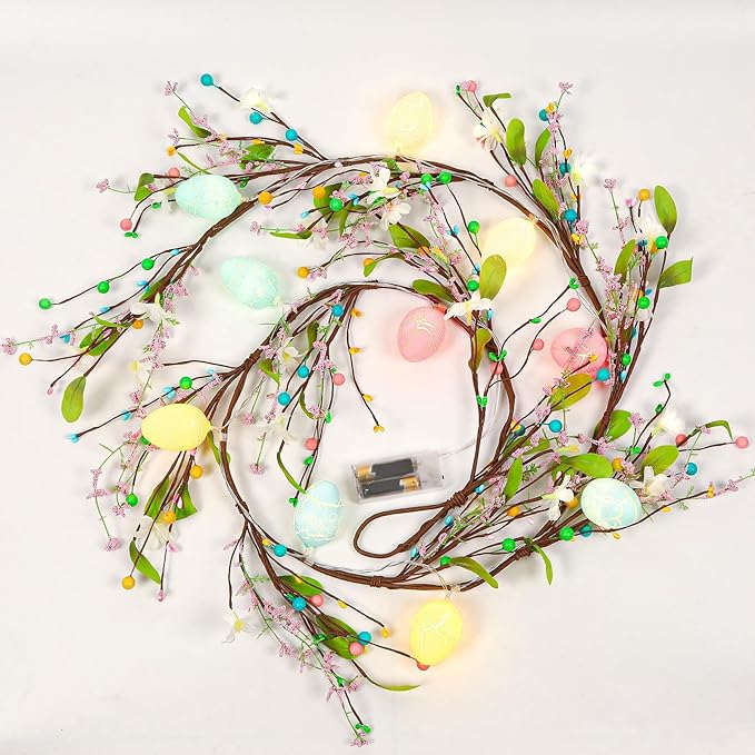 JUNEBRUSHS 6 FT Lighted Easter Egg Garland, Artificial Floral Spring Garlands for Mantle Fireplace Garland for Spring Home Decor Easter Party Indoor Outdoor Decoration