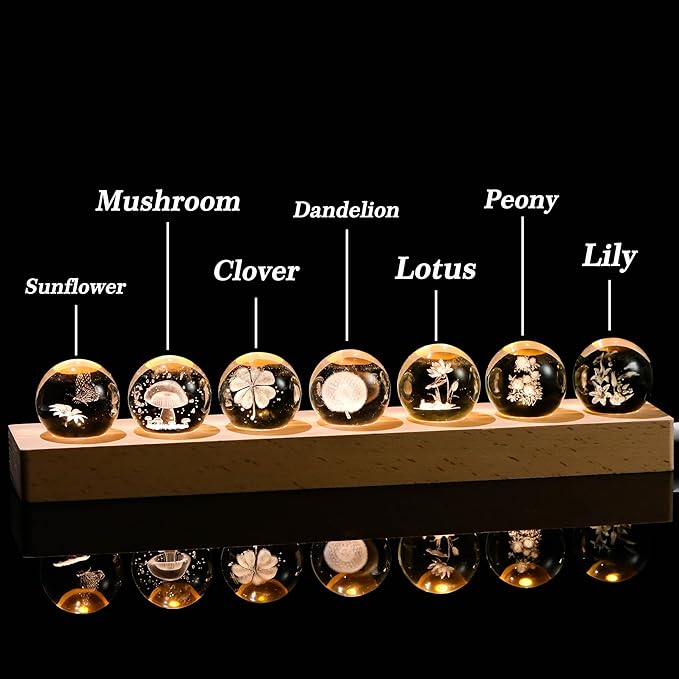 Qianwei 3D Crystal Ball Flower Decor Crystal Ball with Led Lamp Base - Best Birthday Gifts for Man Teacher Boy Kids Girls Men - Sunflower Mushroom Clover Dandelion Lotus Peony Lily