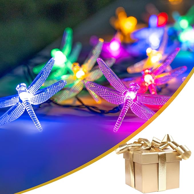 20 LED Dragonfly Solar String Lights, 8 Modes Waterproof Multicolor Lights Outdoor, 16 FT Solar Powered Dragonflies String Lights for Garden Fence Patio Yard Christmas Tree & Party Decor