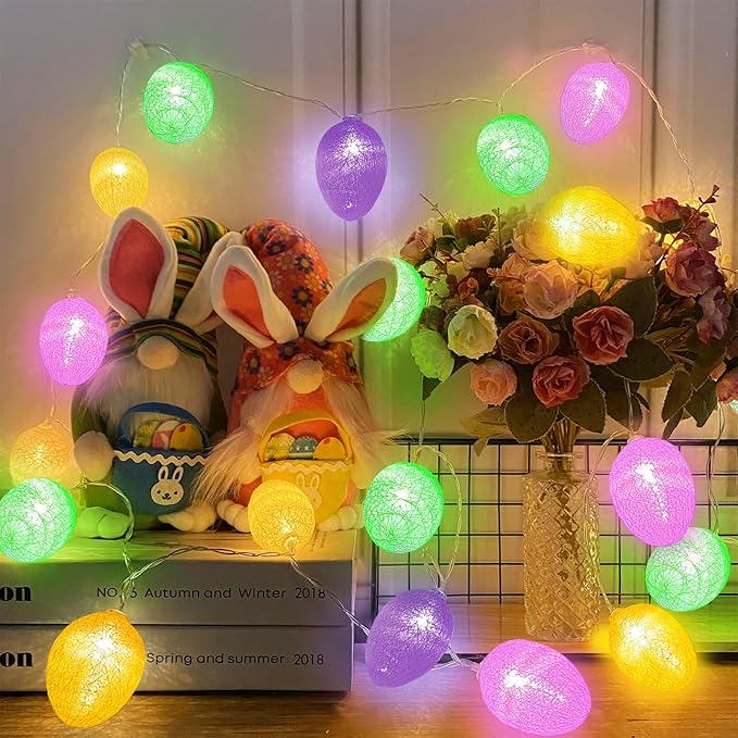 TURNMEON Velvet Easter Lights String Easter Decorations, 10FT 20LED 3D Egg Light Garland with Timer Battery Operated Colorful Fairy Lights, Easter Decor for Home Bedroom Patio Indoor Outdoor