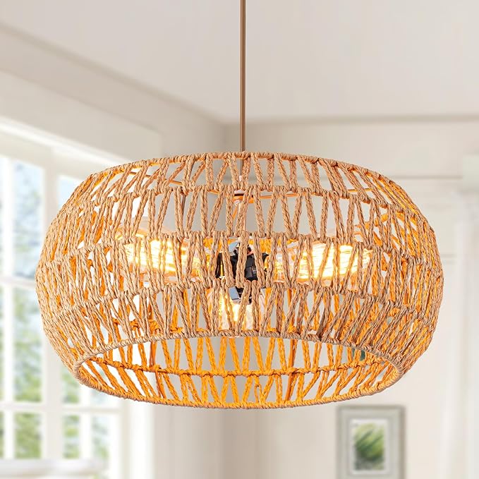 Rattan Light Fixture Dinning Room Pendant Light Boho Chandelier Hanging Light Ceiling Mount Hand Woven Lamp Shade 3-light Drum Chandelier Basket Light for Bedroom Hallway Kitchen Island Light Fixture
