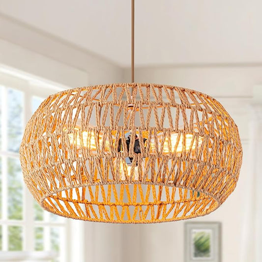 Rattan Light Fixture Dinning Room Pendant Light Boho Chandelier Hanging Light Ceiling Mount Hand Woven Lamp Shade 3-light Drum Chandelier Basket Light for Bedroom Hallway Kitchen Island Light Fixture