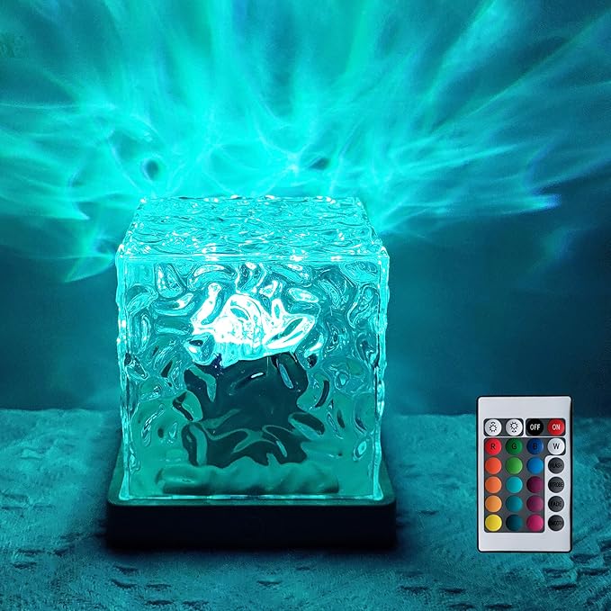 BENCACAO Ocean Wave Projector Light, Rechargeable Cube 16 RGB Color Changing Water Ripple Mood Lamp for Bedroom,Bathroom Decor