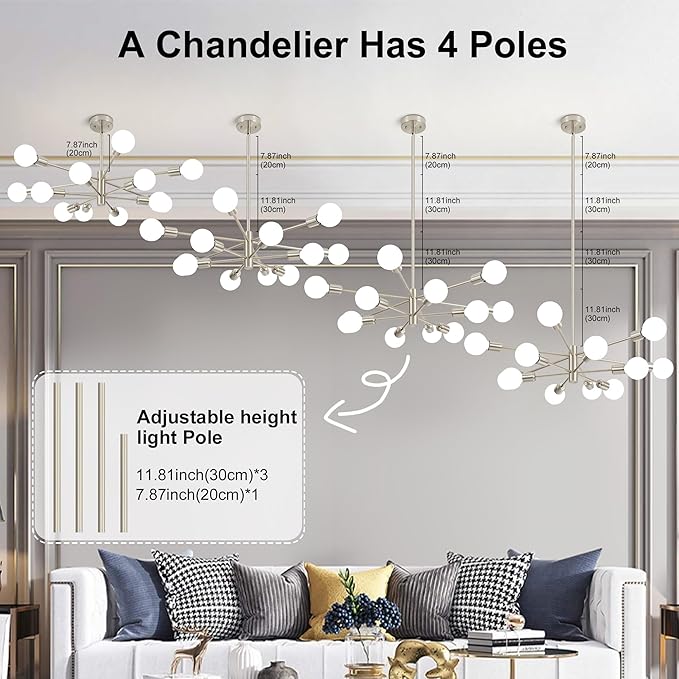 Sputnik Chandelier Modern Brushed Nickel Chandeliers 12-Light Mid Century Ceiling Lighting Fixture for Living Room, Kitchen, Bedroom, Dining Room, and Farmhouse