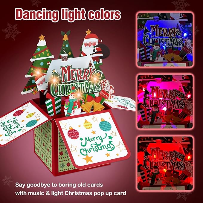 FaCraft Musical Christmas Cards, with Lights and Music, Handmade 3D Light Up Merry Christmas Card Gift, with Envelope, Blank Insert and Seal, for Winter, Holidays, New Year (Santa)