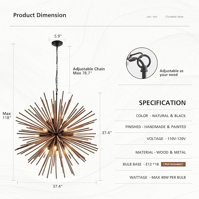 37.4" Farmhouse Sputnik Chandelier for Dining Room Rustic Handmade Natural Wood 18-Light Hanging Ceiling Pendant Light Fixture Starburst Wood Chandeliers for Kitchen Bedroom Foyer Hallway