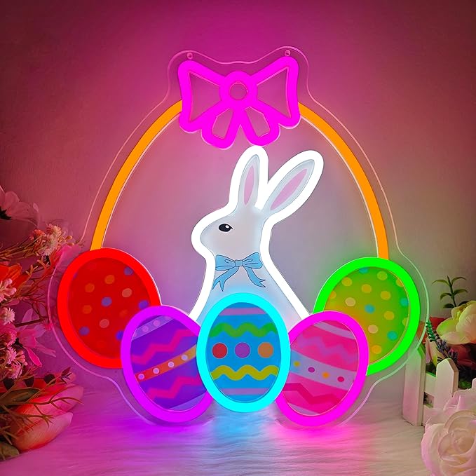Easter Bunny Neon Sign Dimmable Happy Easter Neon Sign for Wall Decor Led Egg Basket Light Up Sign Bunny Hanging Decoration for Window