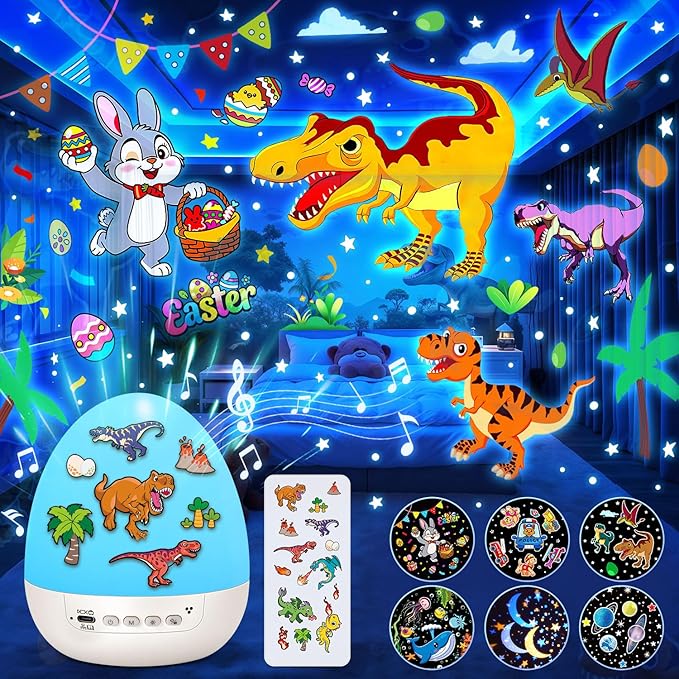 Easter Egg Light for Nursery Sound Machine | 15 Sleeping Sounds+12HD Films+7 Colors+360°Rotating | Easter Gifts for Kids Primal Hatch Dinosaur Egg Night Light for Nursery Boy Toys Hatch Sound Machine