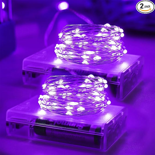 YAOZHOU Halloween Christmas Decorations Purple Fairy String Lights Indoor, Battery Operated with Timer, 2Pack Total 33FT 100 Led Mini Battery Powered Mason Jar Waterproof Firefly Lights DIY Party