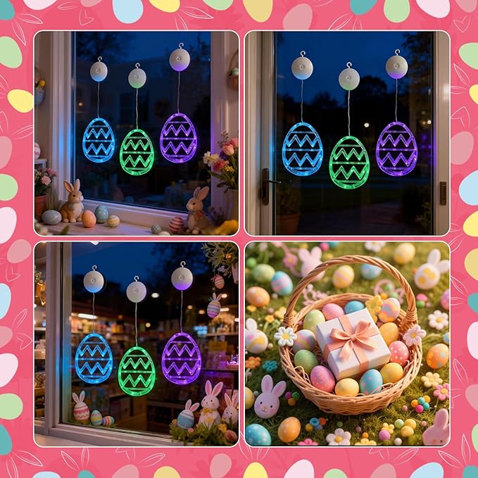 Easter Window Lights Decorations, 3 Pack Easter Hanging Window Decor Purple Green Blue Egg Lights with Suction Cup, Indoor Battery Operated Egg LED Holiday Lamp for Door Window (Purple Green Blue)