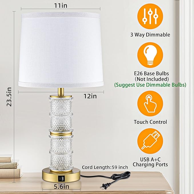 GRUENLICH Crystal Table Lamp Set of 2, 3-Way Dimmable Nightstand Lamp with Touch Control, USB C+A Charging Ports for Living Room Bedroom End Tables Office and Entryway （Gold）