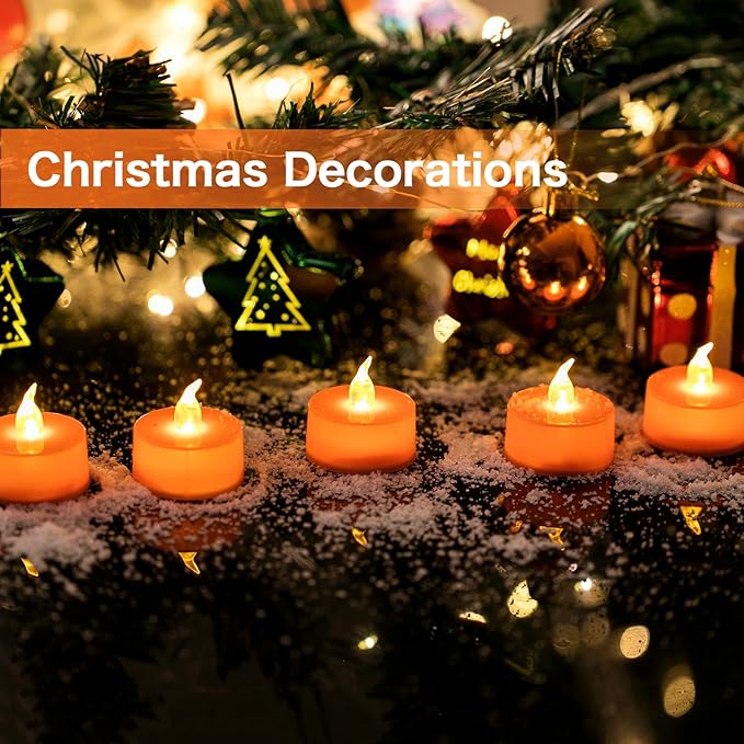 LANKER 24 Pack Orange Tea Lights Candles, Flickering Warm Yellow Flameless LED Tealights, Long Lasting Battery Operated Fake Candles, Decoration for Wedding, Halloween and Christmas (Orange)
