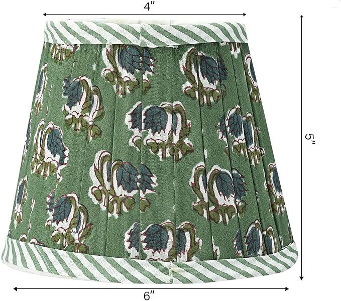 Ridhi Block Print Basil Green Lamp Shade 4" Top x 5" Bottom x 6" Slant Handmade Pleated Cotton Lampshade, Fits E26/E27 Base Table Lamps Boho Vintage Decorative For Bedroom, Living Room