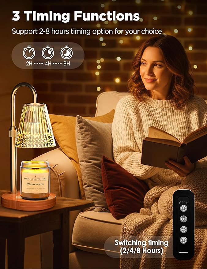 TATAANTY Candle Warmer Lamp with Timer Dimmable, Height-Adjustable Candle Warmer with 2 Bulbs, Gifts for Women, Golden Shade, Wood Base