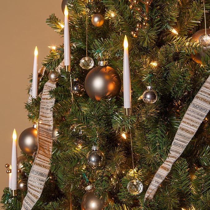 Flameless Electric LED Candles – Christmas Tree Lights – Taper Christmas Candles, Battery Operated, Remote Controlled, Set of 10 (6" Taper Candle with 6" Weight, White)