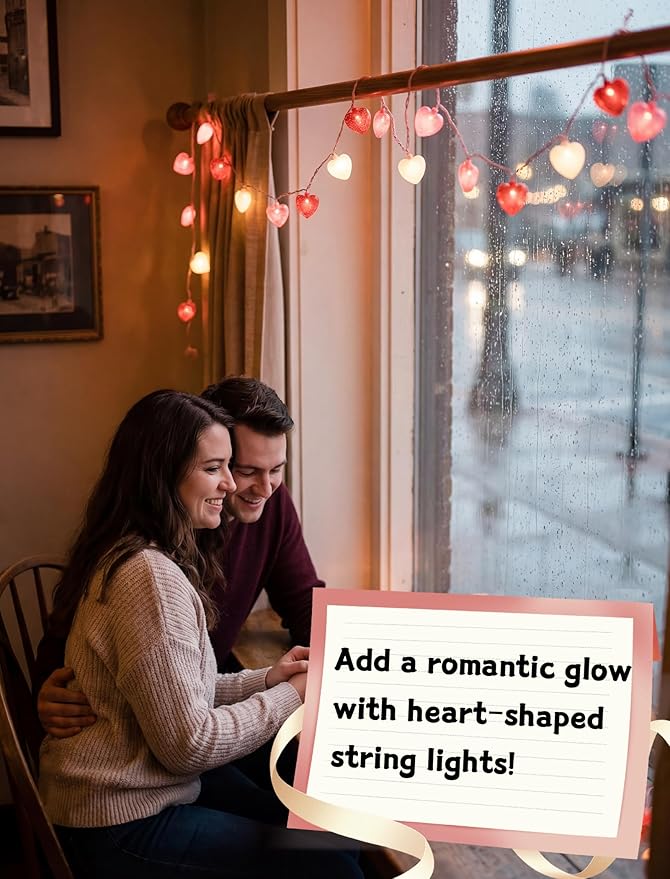 12Ft Heart String Lights, Valentines Day Decorations Lights with 20 LED Glitter Red White Pink Heart Light, Plug in Fairy Lights for Wedding Anniversary Proposal Valentines Day Decor