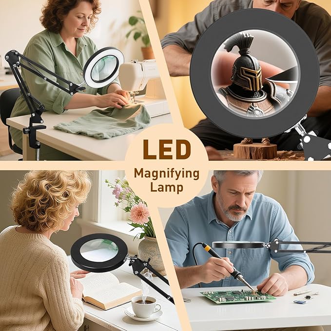 KIRKAS 10X LED Magnifying Lamp with Clamp, Real Glass Lens, 3 Color Modes and Stepless Dimmable Magnifier Desk Lamp,Adjustable Swivel Arm Lighted Magnifying Glass for Repair Craft Close Work-Black