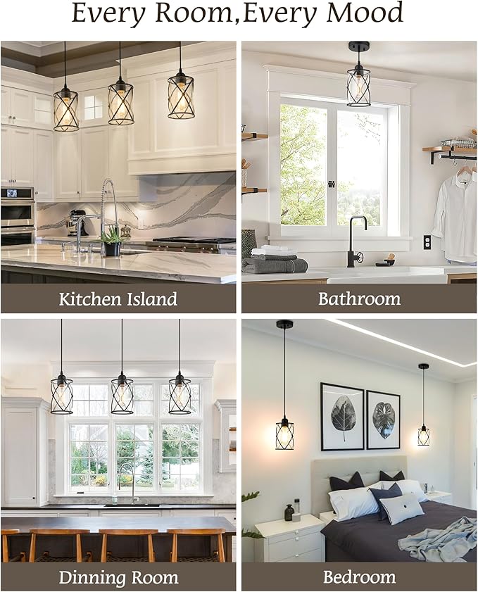 Glass Pendant Lights Kitchen Island 2 Pack, Black Mini Pendant Light with Clear Glass, Farmhouse Industrial Cage Hanging Lighting for Kitchen Sink Dining Room Bathroom, CH9176-1-2PK