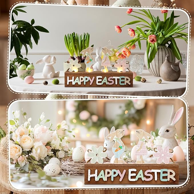 Yousoontic Light up Happy Easter Sign Wooden Easter Bunny Decoration for Home Neutral Bunny Block Rustic Farmhouse Holiday Decorations for Home Dining Room Kitchen Spring Decor