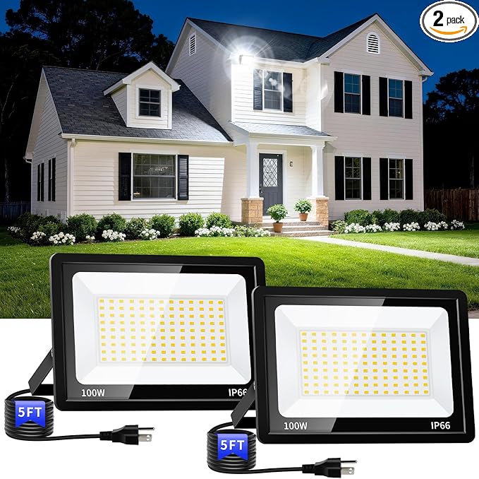 2 Pack 100W Led Flood Lights Outdoor, 12000LM Super Bright Floodlight Backyard Security Lights with 5FT Plug, IP66 Waterproof Work Light, 5000K Daylight White Flood Outdoor Lights for House, Patio