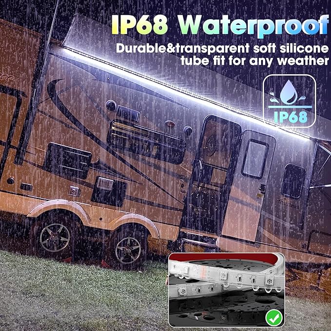 RV Awning Lights, 12V 50FT RGB RV Camping Awning Lights, IP68 Waterproof，RV Exterior Strip Lights for Motorhome Travel Trailer Canopy Party, Stands Food Trucks