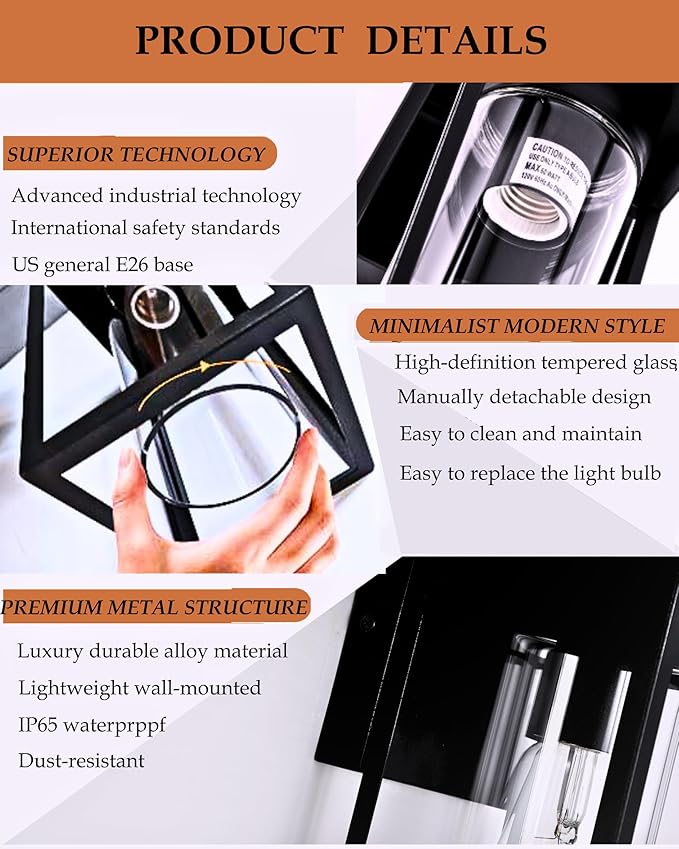 2-Pack Outdoor Wall Light Fixtures, Waterproof Exterior Wall Lanterns, Porch Lights with E26 Sockets & Cylinder Glass Shades, Modern Matte Black Wall Sconce for Porch Patio Garage
