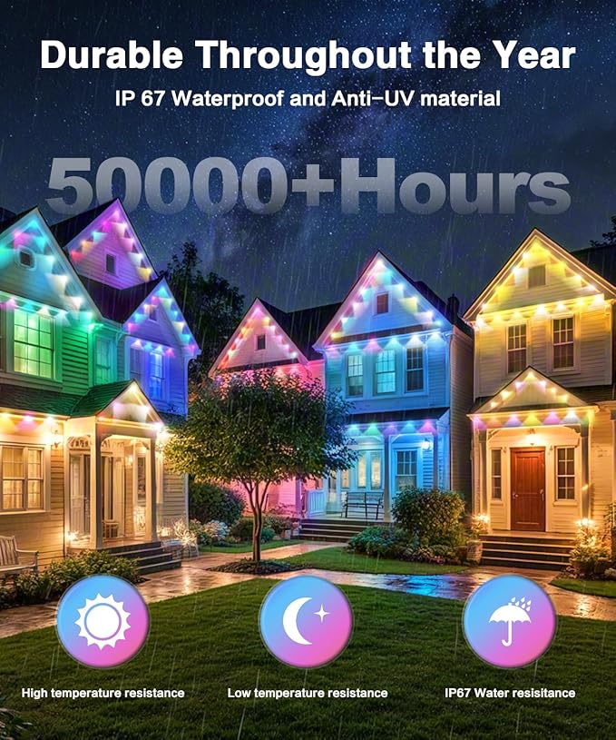Permanent Outdoor Lights for House, 50ft 24 RGB+IC Smart Outdoor Decor, 50 Scene Modes, App/Remote Control, IP68 Waterproof