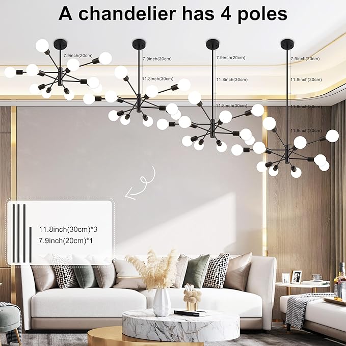 Sputnik Chandelier, Black Modern Chandeliers, Mid Century Ceiling Lighting Fixture for Living Room, Kitchen, Bedroom, Dining Room, Farmhouse (10-Light)