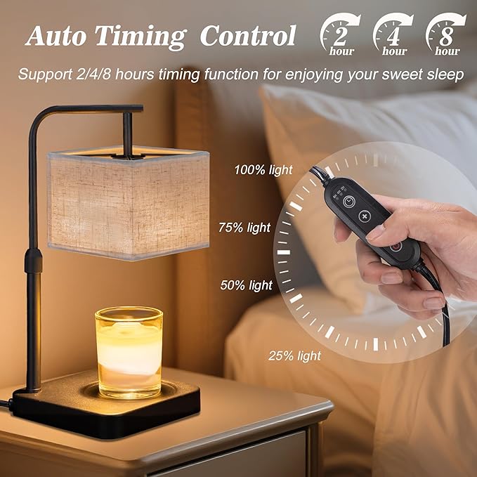 Candle Warmer Lamp with Timer & Dimmable, Height Adjustable Wax Warmer with Linen Shade & 2 Extra Bulbs, Flameless Candle Melter for Jar Candles, Gifts & Bedroom Decor
