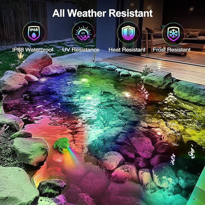 RGB Pond Light with APP, 6W Frog Fountain Lights with 12V Transformer, IP68 Waterproof Underwater Pond Lights with 32FT Cables for Ponds Waterfall Fountain Gardens Water Feature, 1 SpotLights