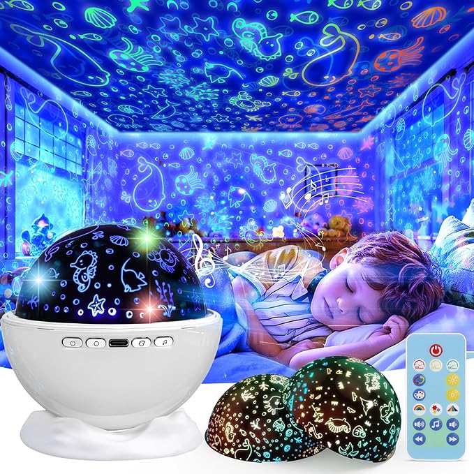 Night Light Projector,Night Light for Kids Room with Remote and Timer,360° Rotation,3 Projection Films,18 Light Modes,8 Lullaby Songs,Kids Night Lamp, Christmas Birthday Gifts for Boys Girls (White)