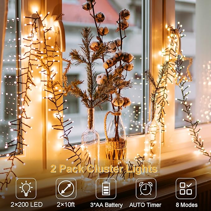 2 Pack String Lights Battery Operated, Total 20Ft 400 LED Cluster String Lights with Timer 8 Modes Christmas Firecracker Lights Outdoor Waterproof for Tree Home Decor (Warm White)