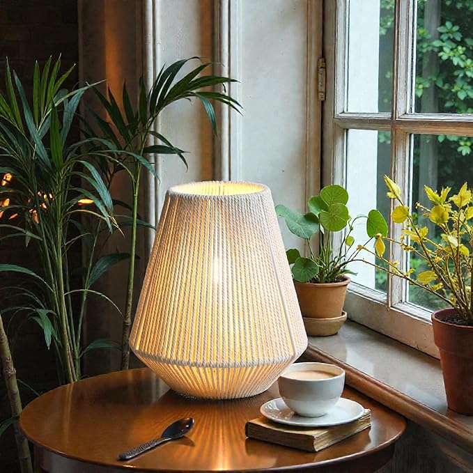 JHY DESIGN Woven Lampshade Table Lamp 8"H Cotton Rope Bedside Lamp Cordless Small Battery Operated Lamp Decorative Bedside Lamp with 6 Hours Timer for Bedroom Living Room Weddings Parties Patio Events