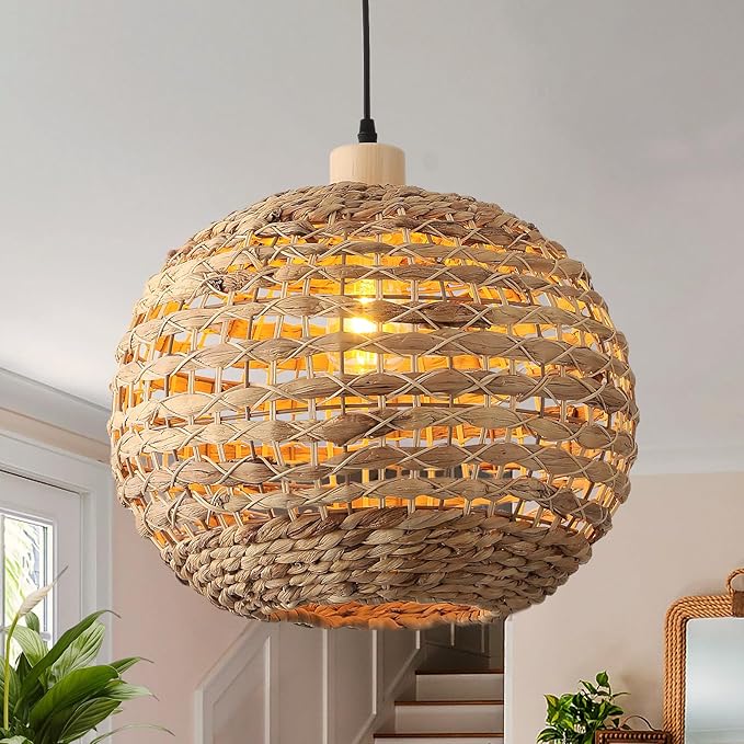 Boho Pendant Lights Kitchen Island Rattan Lights Fixture for Dining Room 15.8" Hand-Woven Chandelier Weaving Hanging Ceiling Light for Restaurant Living Room Bedroom Foyer Hallway