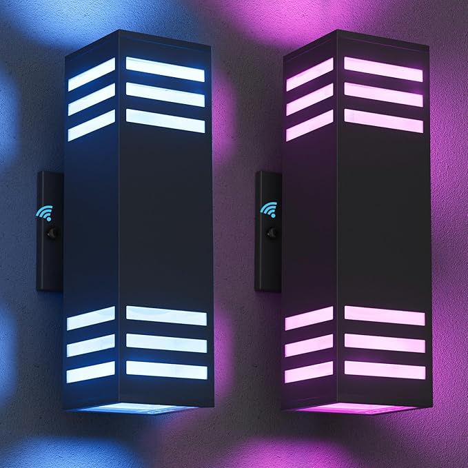 RGB Smart Outdoor Wall Lights, 2 Pack Front Porch Light Fixtures, Square Color-Changing Wall Sconce with E26 Base, IP65 Waterproof Up and Down Lights with APP/Voice/Remote Control.