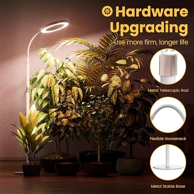 Plant Grow Light for Indoor Plants, Full Spectrum Grow Lamp with Pedestal Stand, Automatic Timer for 3H/9H/12H, Height Adjustable 51-67in White