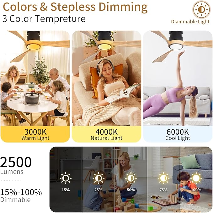 52inch Ceiling Fan with Lights,Wood Flush Mount Ceiling Fans with Remote Control,Dimmable Light,3 CCT,6 Speeds,Noiseless DC Motor,Ceiling Fan for Bedroom,Living Room,Office,Indoor,Natural Wood