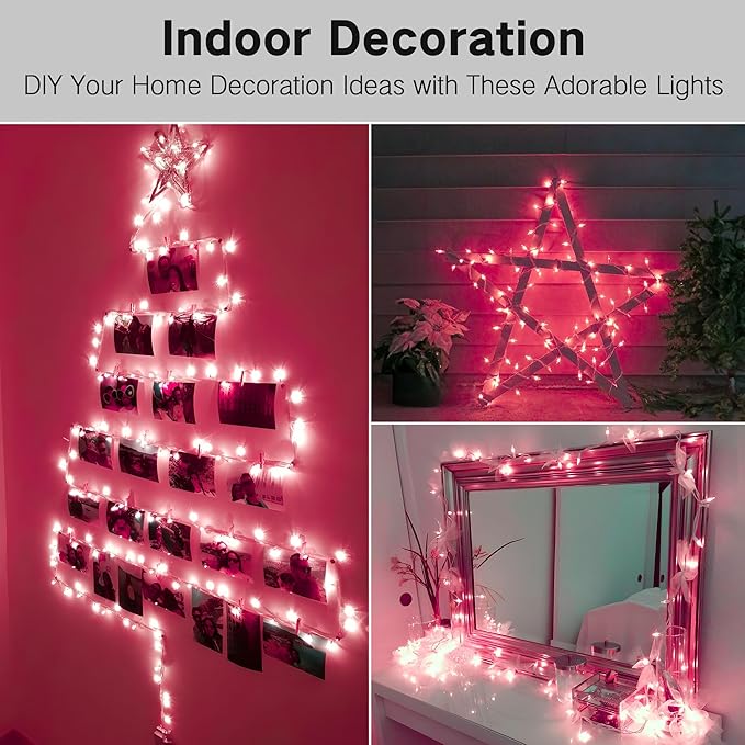 Brizled Pink Valentine Lights,300 Count 69.6ft Incandescent Pink Lights, Connectable Indoor String Light White Wire, UL Certificated Mini Christmas Tree Light for Bedroom Wedding Birthday Xmas Decor