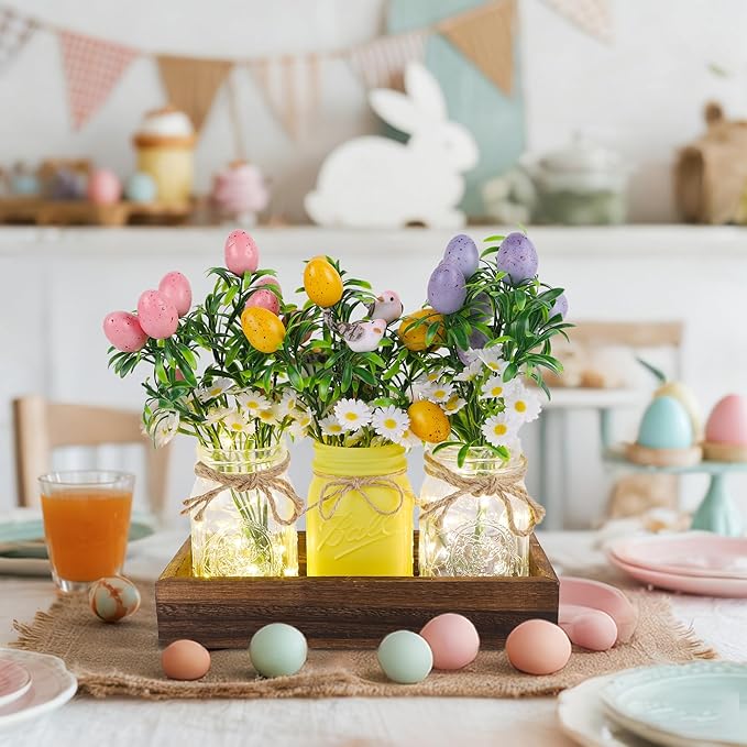 DR.DUDU Easter Decorations for Home, Easter Table Centerpiece with Egg Picks in Glass Vases, Wood Tray & Led Lights with Timer, Spring Decor for Home, Set of 3