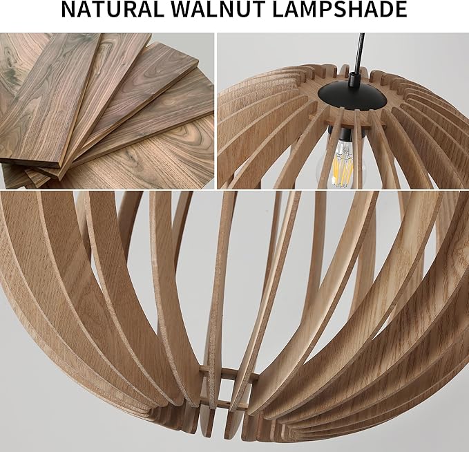 Vintage Wood Pendant Light Fixtures, Modern Farmhouse Walnut Dining Room Chandelier, Mid-Century Ceiling Mount Hanging Light Fixture for Kitchen, Bedroom, Living Room, Foyer, Art Decor, Black