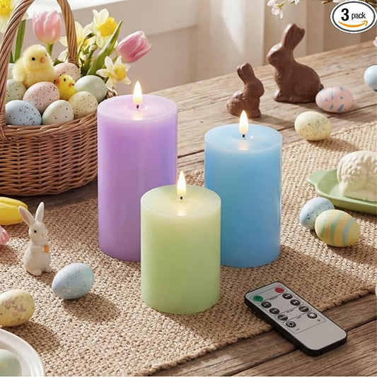 3 Pcs Easter Flameless Candles Battery Operated LED Flickering Pillar Candles with Remote Real Wax Pastel Spring Table Decor for Easter Party Wedding Table Centerpiece Home Decorations
