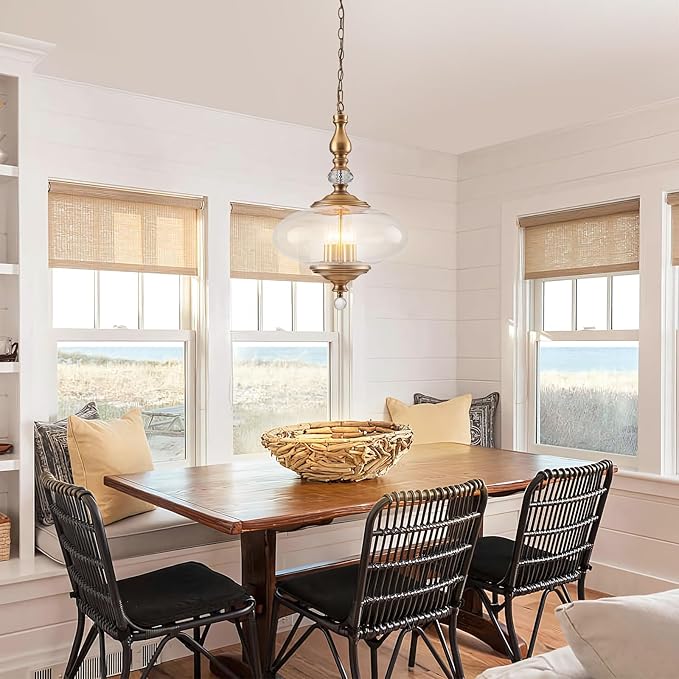 Vintage Pendant Light Brass Glass Pendant Light 15.74" Wide Adjustable Hanging Height 5 Light Pendant for Sitting Room, Kitchen, Dining Room, Ressing Room Hallway Entryway